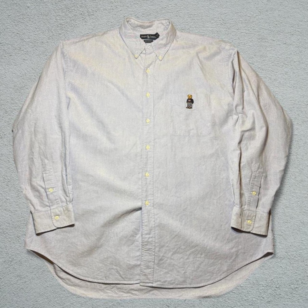 Ralph Lauren Big Shirt Blue Grey Cotton Oxford Polo Bear Button Down XL